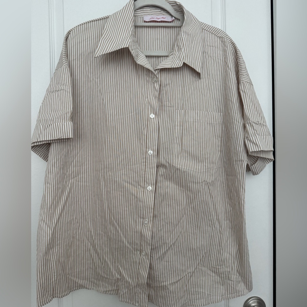 Classic Beige Stripe Button-Up Shirt - Women's Top